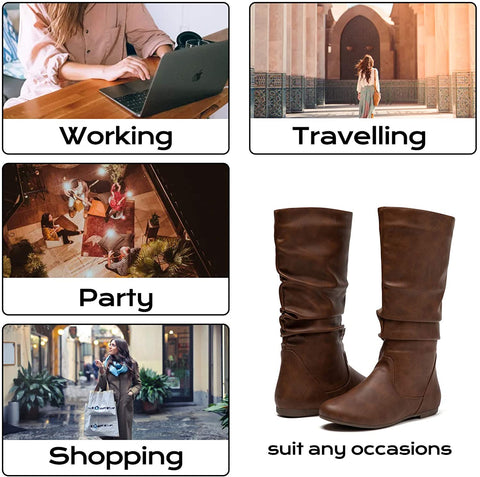 katliu Women's Slouchy Mid Calf Boots Zip up Flat Boots