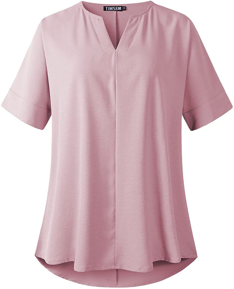 TIMSEM Womens Short Sleeve V Neck Curved Hem Chiffon Casual Blouse Shirts Tops