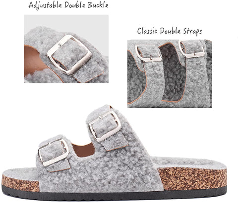 Katliu Women's Flat Slide Sandals Two Straps Buckle Slip on Slides Arch Support Cork Footbed Shearling Sandals