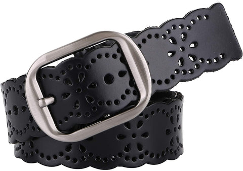 Womens Hollow Pattern Wide Leather Belt for Jeans Pants