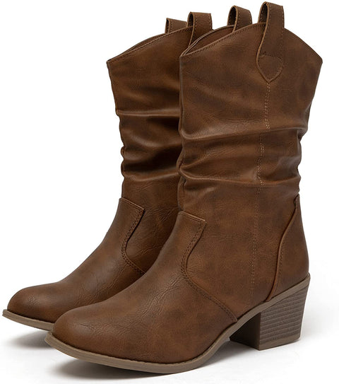 Katliu Women's Western Cowboy Boots Slouchy Chunky Heel Mid-Calf Boots with Pull-Up Tabs