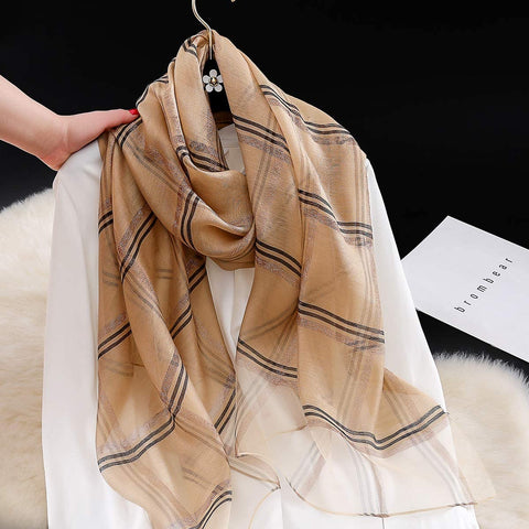 WINCESS.YU Classic Plaid Mulberry Silk Scarf for for All Season Lightweight Sunscreen Satin Shawl Wraps for Women Neckerchief