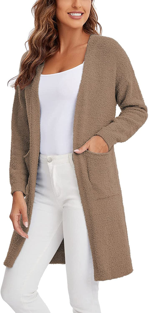 Women's Long Sleeve Chunky Open Front Sweater Cardigan Coat with Pockets