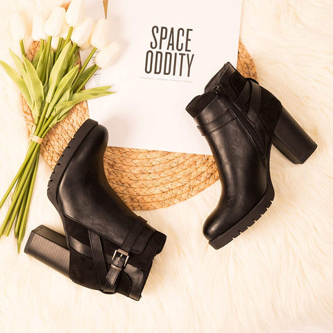 mysoft Womens Ankle Boots Chunky High Heel Zipper Boots