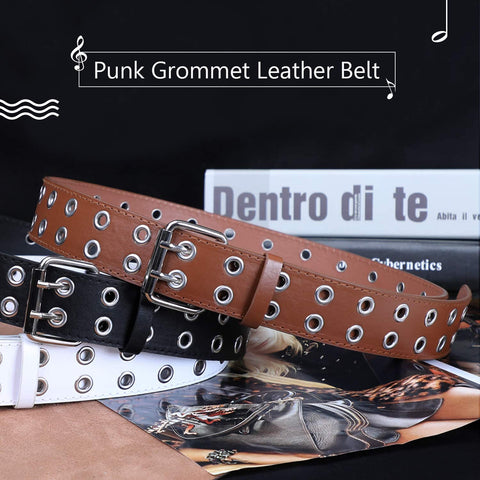 Double Grommet PU Leather Belt for Women/Men Punk metal Jean Belt Wide 1.5 Inch