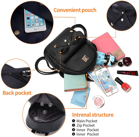 Aogist Mini Leather Backpack Purse 3-Pieces Fashion Bowknot Zipper Bags Cute Casual Travel Daypacks for Girls and Women (Black)
