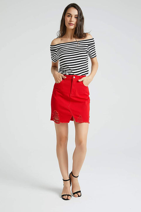 Womens Distressed Ripped Denim Short Pencil Skirt, Frayed Hem