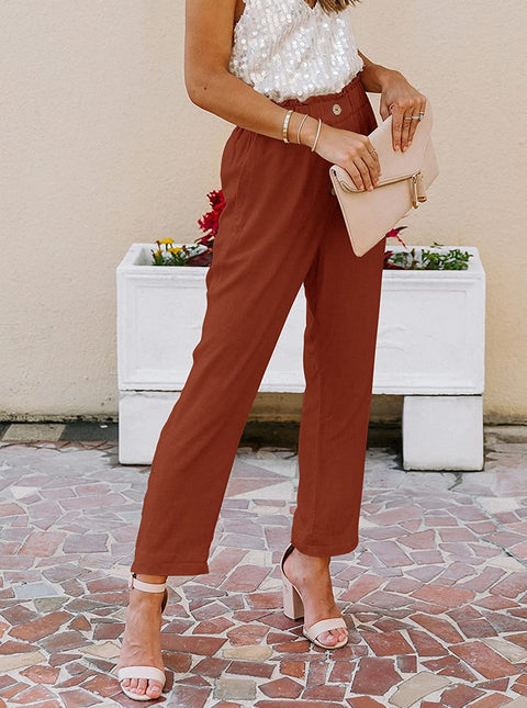 High Waisted Pants for Women Summer Beach Pants Cotton Linen Like Pull On Pants Ladies Paper Bag Pants Work Pants with Pockets Rust Red Medium