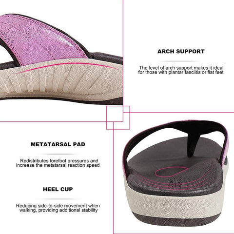 Flip Flops for Women with Arch Support - Memory Foam Flip Flop Thong Sandals Orthotic Sandal for Women with Non-Slip Rubber Sole and Metallic PU Leather Straps
