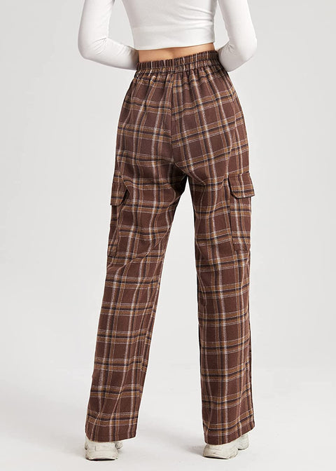 Womens Plaid Casual Pants High Elastic Waist Stripe Lightweight Trousers with Two Flap Pockets