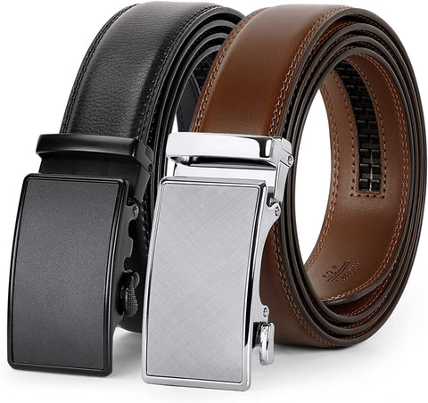 Men's Ratchet Belt for Dress 2Pack Slid Leather Belt with Automatic Click Buckle