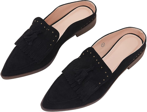 Ruanyu Womens Backless Mules Sandals Flat Pointed Toe Slip On Studded Tassel Comfortable Penny Loafers