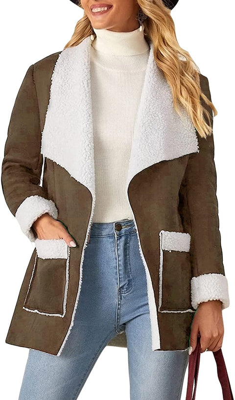 Women's Open Front Long Sleeve Blends Coat Lapel Casual Solid Color Fashion Outwear with Pockets