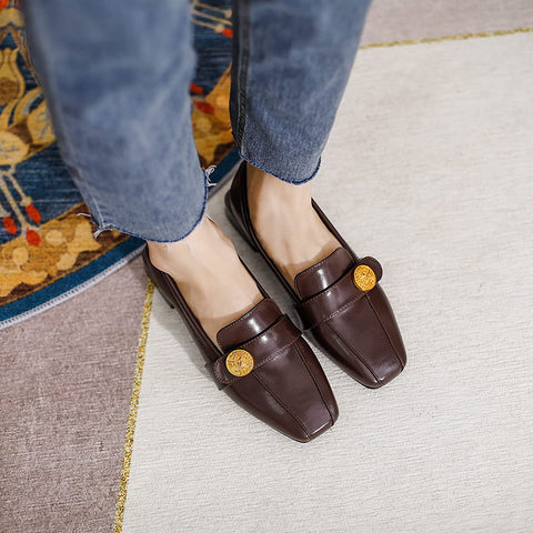 KANGFEINI Suitable for Casual Walking Women's Cute Medallion Square-Headed Shoes Le Fu Flat Bottom Comfortable Japanese Work Shoes