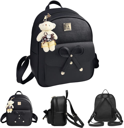 Aogist Mini Leather Backpack Purse 3-Pieces Fashion Bowknot Zipper Bags Cute Casual Travel Daypacks for Girls and Women (Black)
