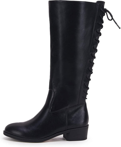 Womens Lace Up Knee High Boots Side Zipper Closed Pointed Boots Zippered Chunky Stacked Mid Heel Shoes