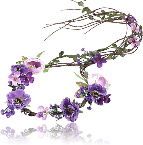 Flower Crown Headband Floral Headpiece - AWAYTR Women Girl Bohemia Adjustable Tree Rattan Leaf Flower Garland Hair Wreath Wedding photography Decoration (Purple)