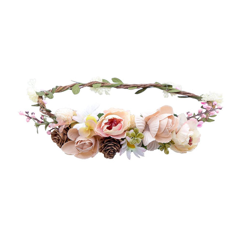 AWAYTR Bohemia Flower Crown Headband - Exquisite Pinecone Leaf Berry Flower Headband Flower Halo Wreath women (Light khaki+Light pink)