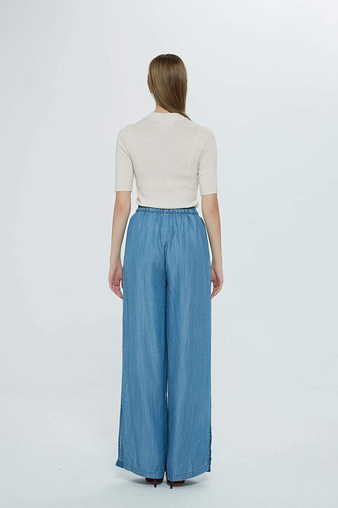 Womens Tencel Wide Leg Pants with Hem Slit and Drawstring