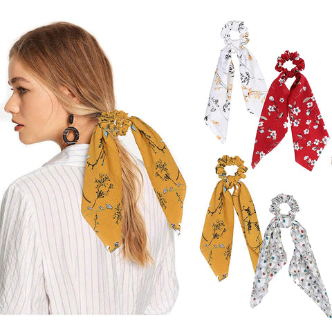 AWAYTR Chiffon Ponytail Hair Scarf Scrunchies - 4 Packs Flower Cashew Leopard Ripple Point Elastic Hair Ties Bow for Women (White + Grey + Turmeric + red)