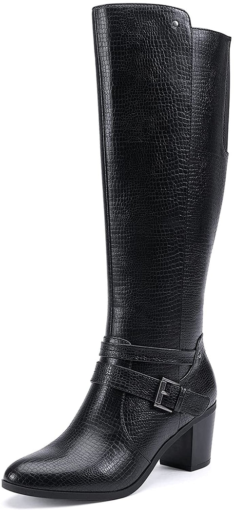 EETTARO Women's Block Mid Heel Boots Knee High Winter Booties Fashion Pointed Toe Elastic Buckle Boot