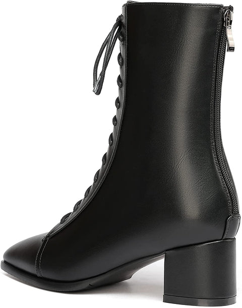 WAYDERNS Women's Square Toe Lace Up Matte Zipper Chunky Low Heel Ankle High Boots Short Booties 2 Inch