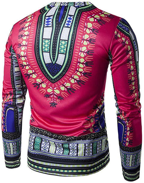 Men's Long Sleeve Causal Dashiki Blouse Slim Fit African Printed Tee Shirt