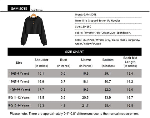 GAMISOTE Kids Girls Crop Tops Hoodie Button Up Casual Loose Active Short Pullover Sweatshirt