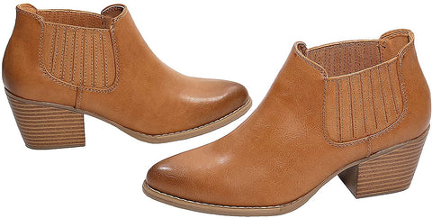 EETTARO Women's Block Heel Ankle Boots Pointed Toe Slip On Booties Elastic Gore Leather Shoes