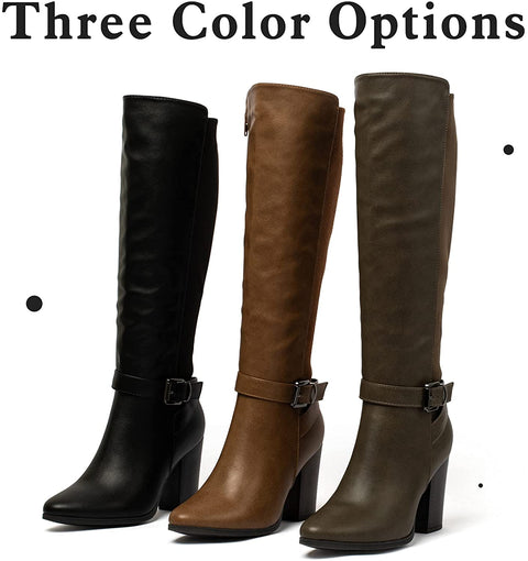 Women's Heeled Knee High Boots Zip Up High Chunky Heeled Boots