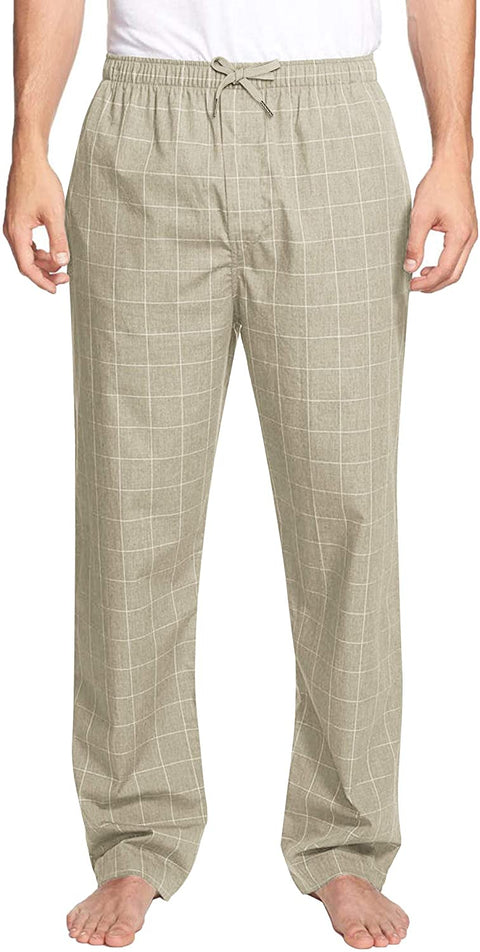 Men Cotton Linen Pajama Pants Elastic Drawstring Waist Sleepwear Plaid Pj Bottoms