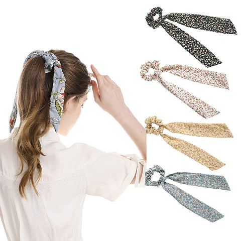 AWAYTR Chiffon Ponytail Hair Scarf Scrunchies - 4 Packs Flower Cashew Leopard Ripple Point Elastic Hair Ties Bow for Women (Floral(Black+Beige+Yellow+Black))