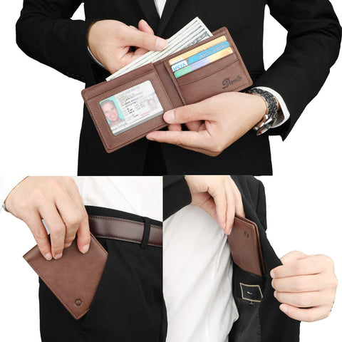 RFID Blocking Cowhide Leather Bifold Wallet for Men with 2 ID Windows