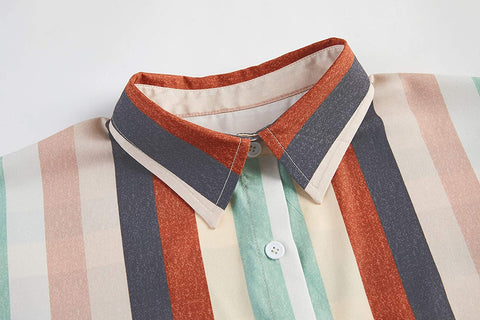 Womens V Neck Stripe Shirt Casual Cuffed Sleeve Button Down Collar Blouses Tops with a Pocket