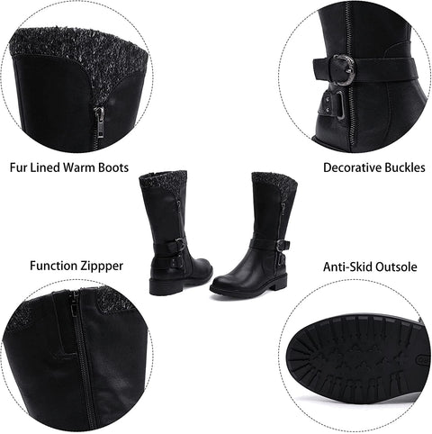 EETTARO Women's Mid Calf Boots Wide Width Fur-Lined Fashion Winter Booties Ladies Roung Toe Side Zip Snow Boot