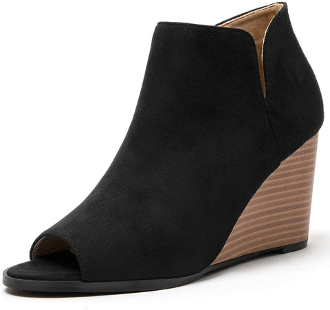 Katliu Women's Wedge Heel Booties Peep Toe Ankle Boots Side Zipper Suede Ankle Boots