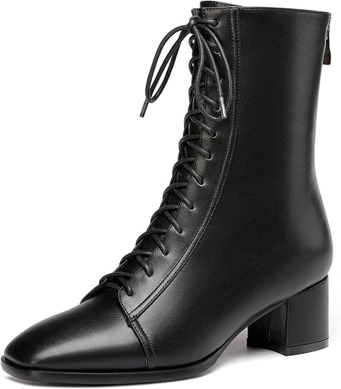 WAYDERNS Women's Square Toe Lace Up Matte Zipper Chunky Low Heel Ankle High Boots Short Booties 2 Inch