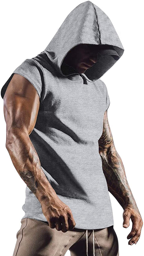 Men's Workout Hooded Tank Top Gym Muscle Cut Off Sleeve Bodybuilding Vest