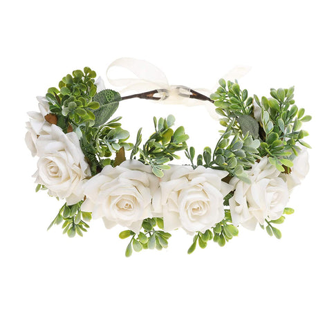 AWAYTR Flower Crown Headband Rose Wreath Leave Flower Adjustable Ribbon Headband Wedding Festival Headdress for Girls (White)