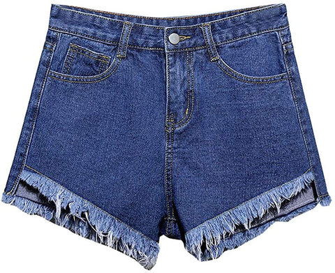 Women's Plain Frayed Raw Hem Casual Solid High Waisted Denim Shorts