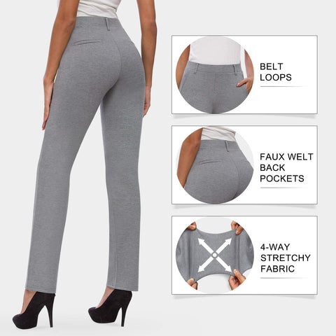 Women’s Bootcut Pull-On Dress Pants Office Business Casual Yoga Work Pants with Key Pocket Straight Leg, Pocket-Grey Large