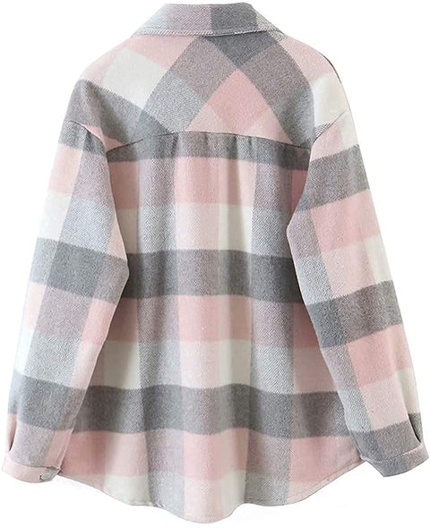 Yousify Womens Button-Down Plaid Jacket Lapel Long Sleeve Shacket Coat Casual Outwear with Pocket