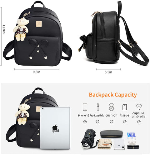 Aogist Mini Leather Backpack Purse 3-Pieces Fashion Bowknot Zipper Bags Cute Casual Travel Daypacks for Girls and Women (Black)