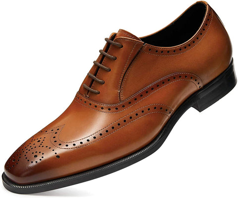 FRASOICUS Men’s Dress Shoes with Genuine Leather in Classic Brogue Elastic Band Oxford Formal Shoes for Men
