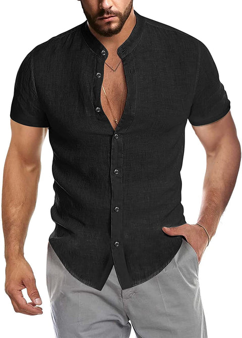Men's Casual Cotton Shirts Mandarin Collar Short Sleeve Button Down Shirt