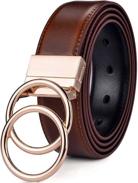 Beltox Women Belt Leather 1.3” Reversible 2 in 1 Rotated 2 Rings Gold Buckle