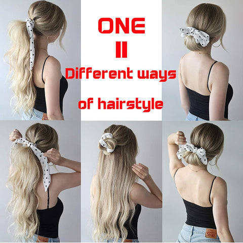 AWAYTR Chiffon Ponytail Hair Scarf Scrunchies - 4 Packs Flower Cashew Leopard Ripple Point Elastic Hair Ties Bow for Women (Gray + Green + Navy + Black)