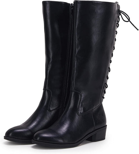 Womens Lace Up Knee High Boots Side Zipper Closed Pointed Boots Zippered Chunky Stacked Mid Heel Shoes