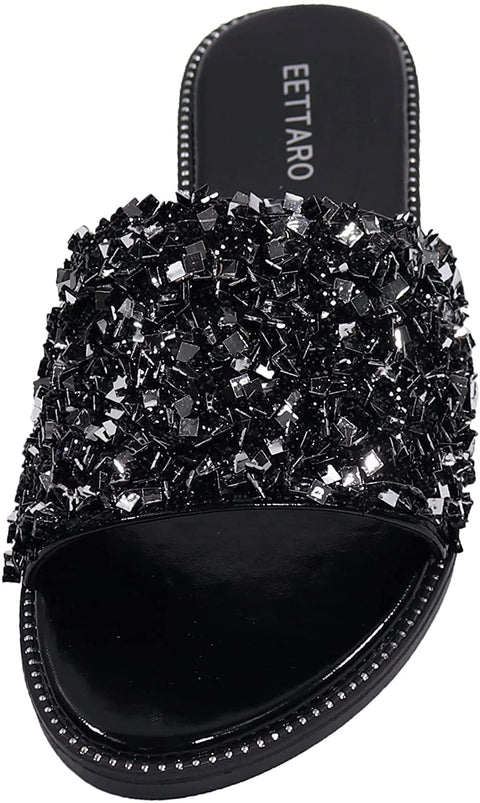 EETTARO Women's Glitter Shiny Slide Sandals Sparkle Fancy Flat Slippers Slip-on Jeweled Shoes