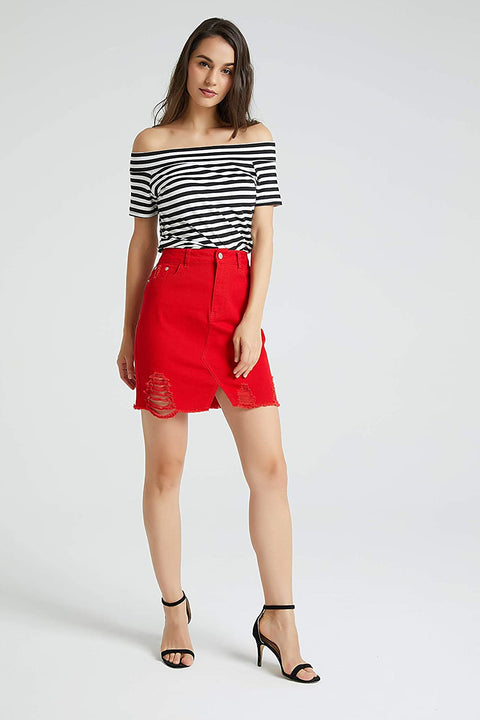Womens Distressed Ripped Denim Short Pencil Skirt, Frayed Hem